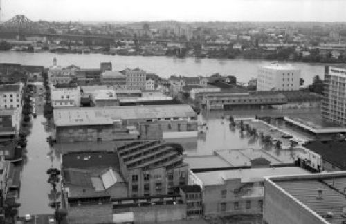 Aerial view of Brisbane City during the flood, January 1974