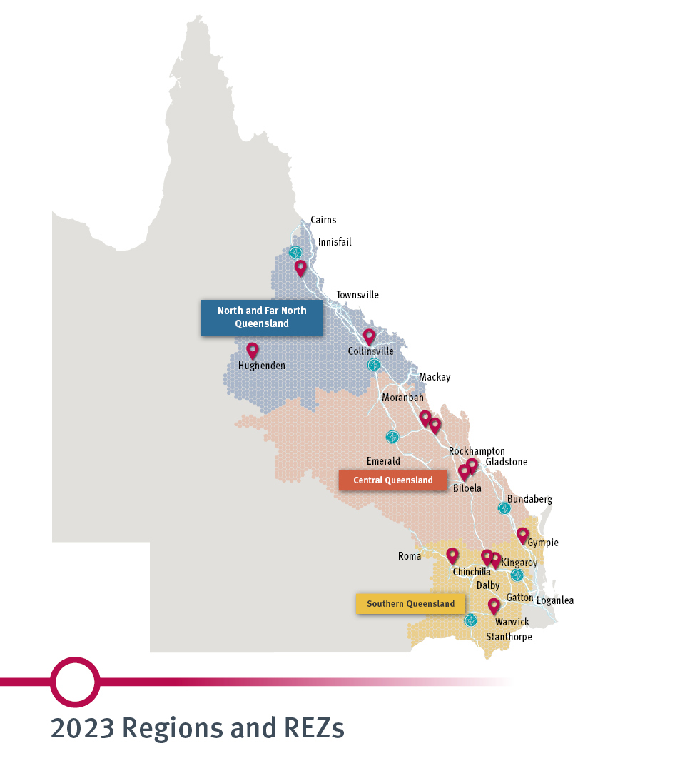 The draft 2023 Queensland Renewable Energy Zones Roadmap identifies 12 potential renewable energy zones across three regions – Southern, Central and North and Far North Queensland. 